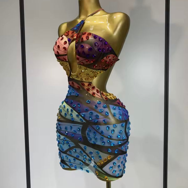 Women Sexy Sleeveless Open Back Colorful Rhinestone Dress