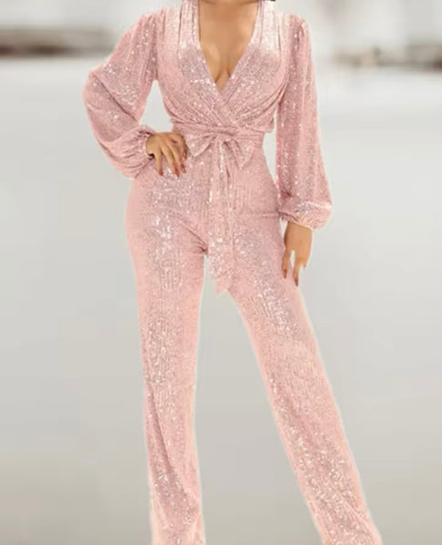 Women Sexy Sequins V-Neck Full Sleeve Tie Up Jumpsuit
