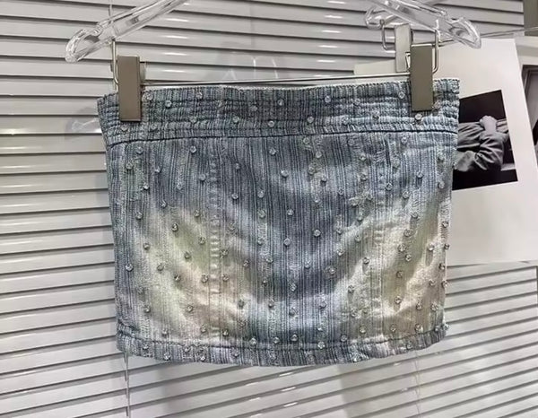 Women Strapless Rhinestone Patchwork Denim Two Piece Pant Set