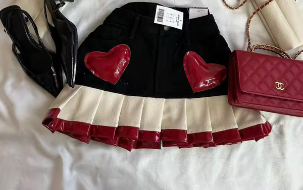 Women Fashion PU Heart Buckled Jacket Two Piece Denim Skirt Set