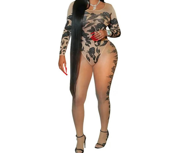 Women Sexy Nude Printed Mesh Two Piece Feet In Pant Set