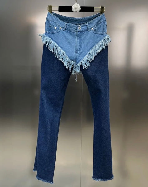 Women Color Patchwork Fashion Fringe Denim Pants