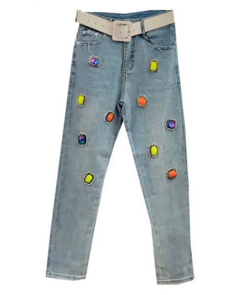 Women Fashion Colorful Gem Denim Pants