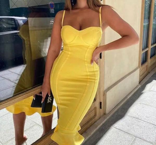Women Yellow Sexy Sleeveless Ruffled Dress