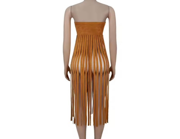 Women Fashion Strapless Suede Fringe Tassel Top