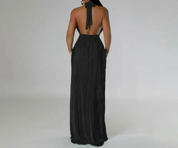 Women Sexy Halter Sleeveless Open Back Solid Color Maxi Dress