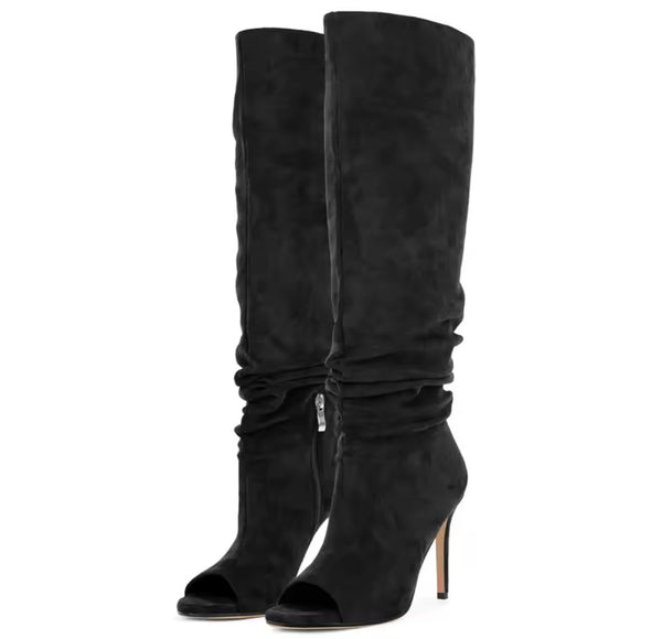 Women Suede Open Toe Fashion Ruched Knee High Boots