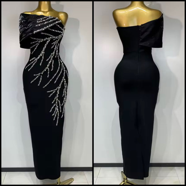 Women Sexy Black Off The Shoulder Sleeveless Pearl Bling Maxi Dress