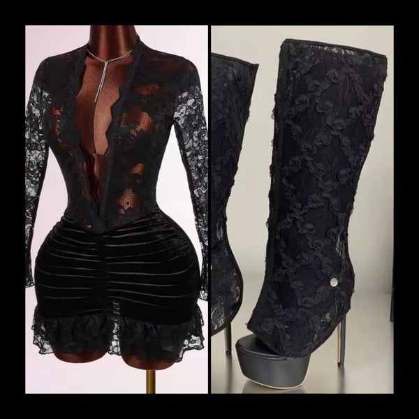 Women Sexy V-Neck Lace Full Sleeve Ruched Velour Dress