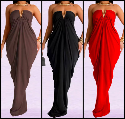 Women Sexy Metal V-Neck Strapless Ruched Maxi Dress