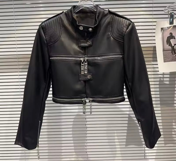 Women Fashion Zipper Faux Leather Jacket