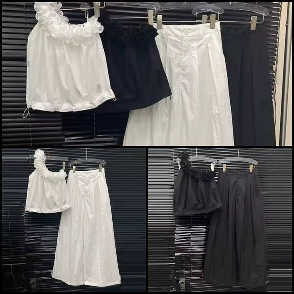 Women Ruffled One Shoulder Two Piece Wide Leg Pant Set