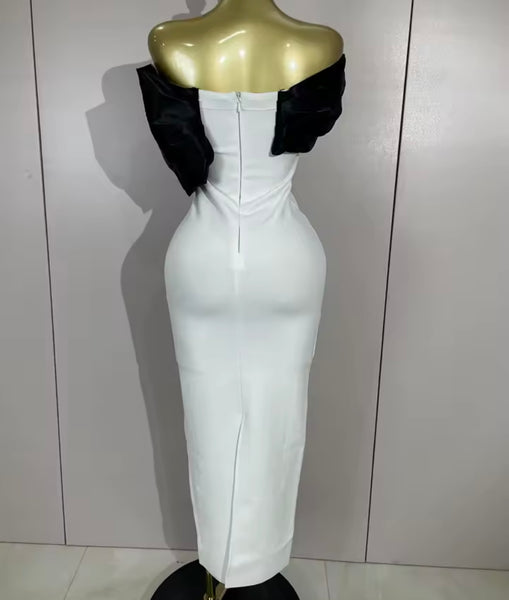 Women Sexy B&W Off The Shoulder Rhinestone Maxi Dress