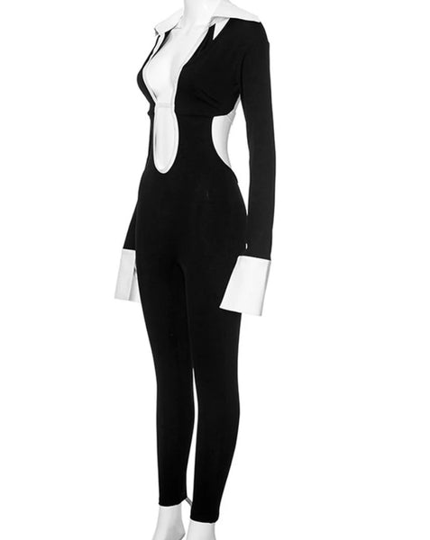 Women Sexy B&W Collar Full Sleeve Open Back Jumpsuit
