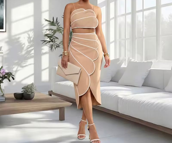 Women Sexy Sleeveless Striped Crop Two Piece Maxi Skirt Set