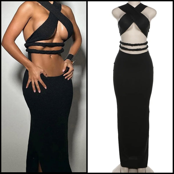 Women Sexy Sleeveless Black Cut Out Maxi Dress