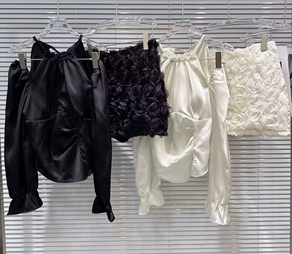 Women Sexy Satin Full Sleeve Two Piece 3D Floral Skirt Set