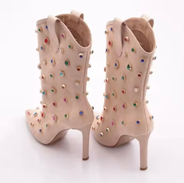 Women Suede Color Crystal Fashion High Heel Ankle Boots