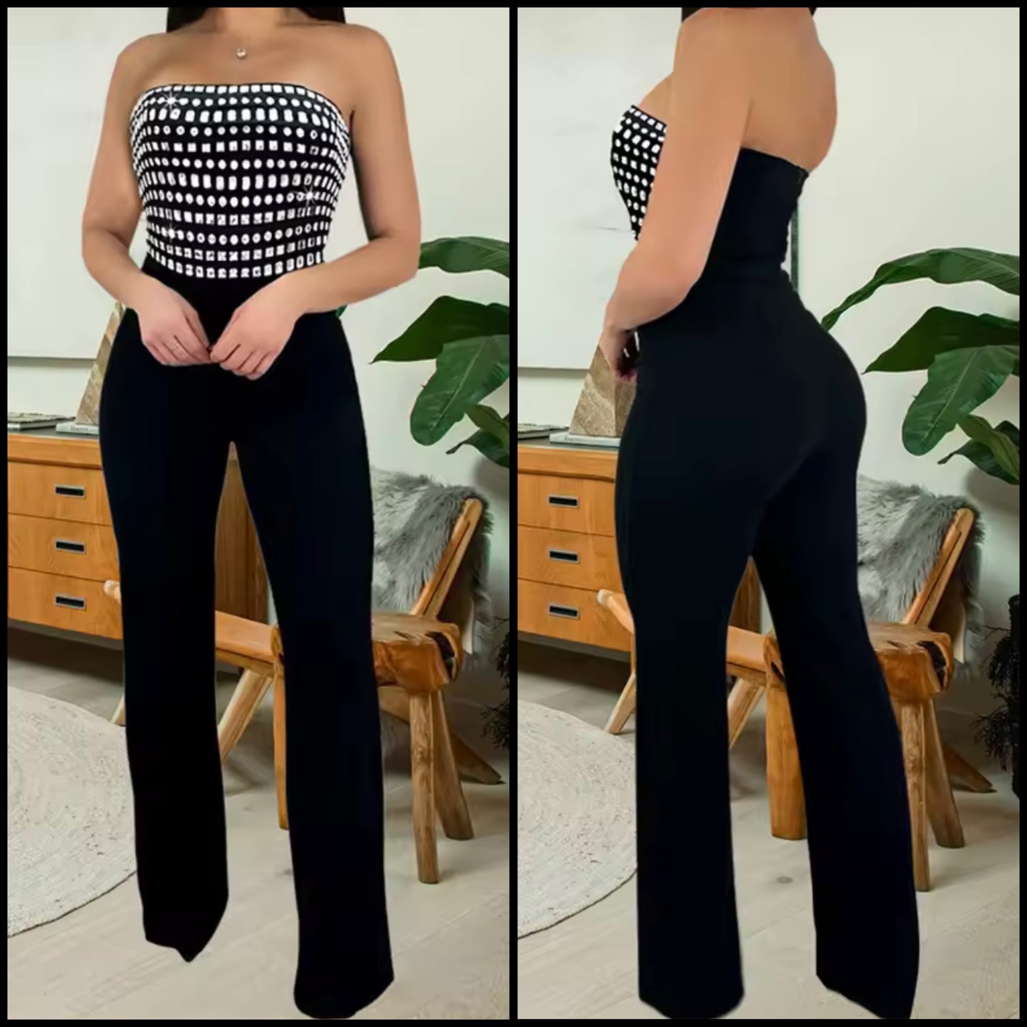 Women Sexy Strapless Bling Crystal Black Jumpsuit