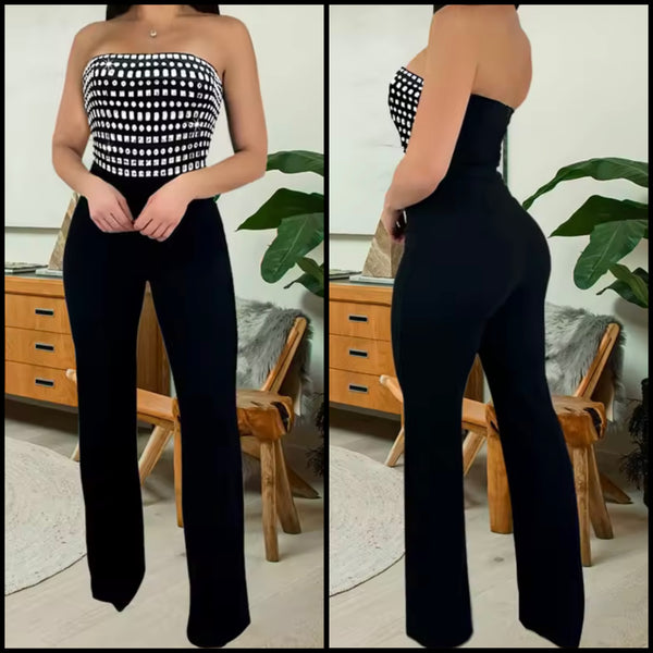 Women Sexy Strapless Bling Crystal Black Jumpsuit