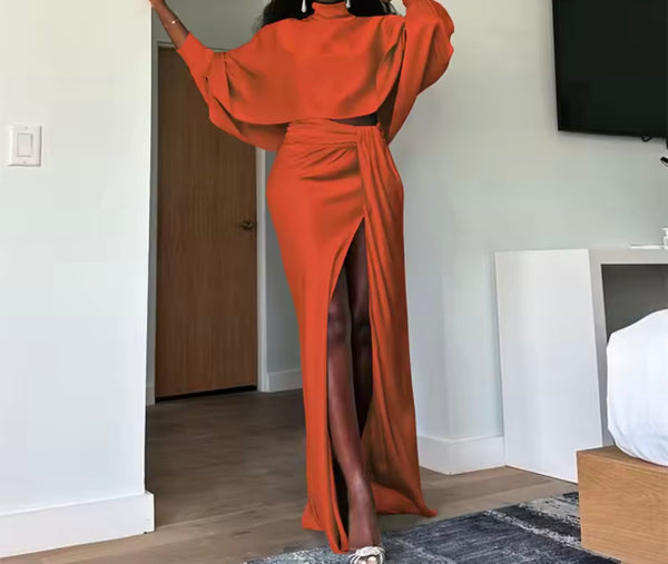 Women Sexy Full Sleeve Ruched Split Two Piece Maxi Skirt Set