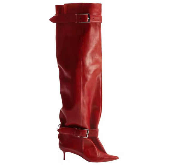 Women Pointed Toe Double Buckle Knee High Boots