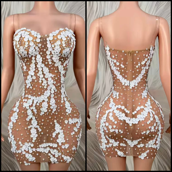 Women Sexy Sleeveless White Beaded Sequins Mesh Dress