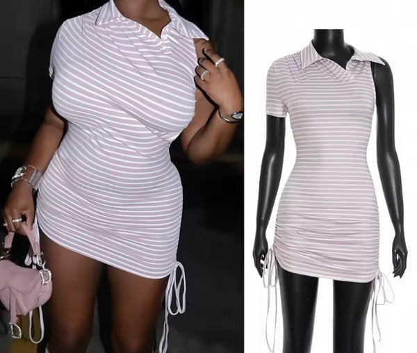 Women Sexy Collar Striped Short Sleeve Drawstring Dress
