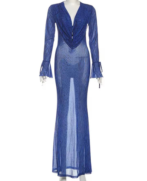 Women Sexy Blue Printed Mesh Full Sleeve Maxi Dress