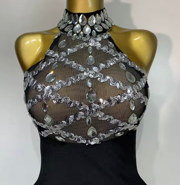 Women Black Crystal Mesh Sexy Halter Sleeveless Maxi Dress