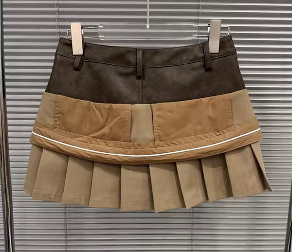 Women Fashion Color Patchwork Pleated Skirt