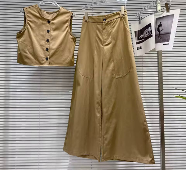 Women Button Up Sleeveless Vest Two Piece Wide Leg Pant Set