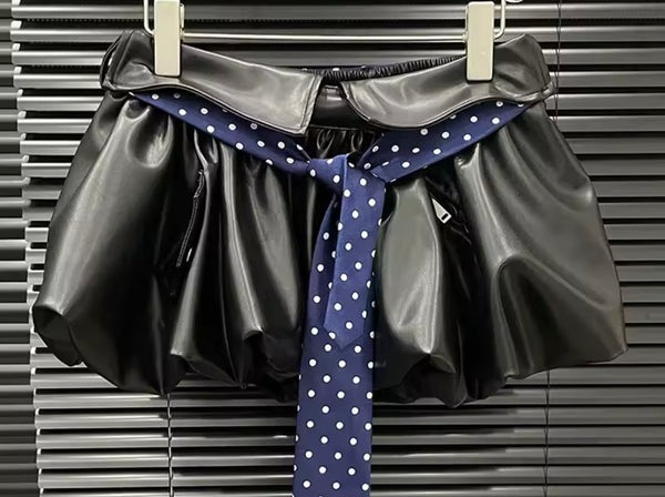 Women Sexy Fashion Black Faux Leather Polka Dot Tie Skirt
