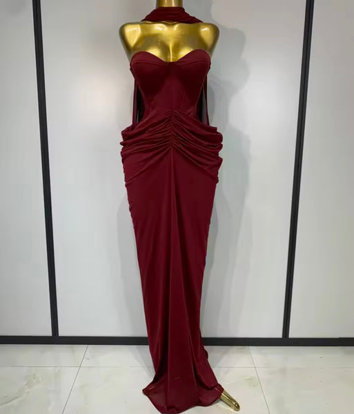 Women Sexy Strapless Ruched Maxi Dress