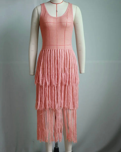 Women Sexy Sleeveless Solid Color Fringe Tassel Knitted Dress