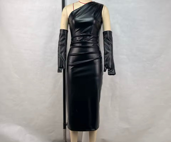 Women Sexy One Shoulder Sleeveless Glove Faux Leather Dress