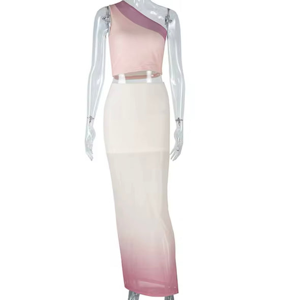 Women Sexy One Shoulder Sleeveless Gradient Two Piece Maxi Skirt Set