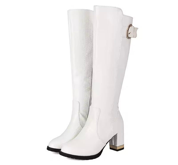 Women Buckled Faux Leather Fashion Knee High Boots