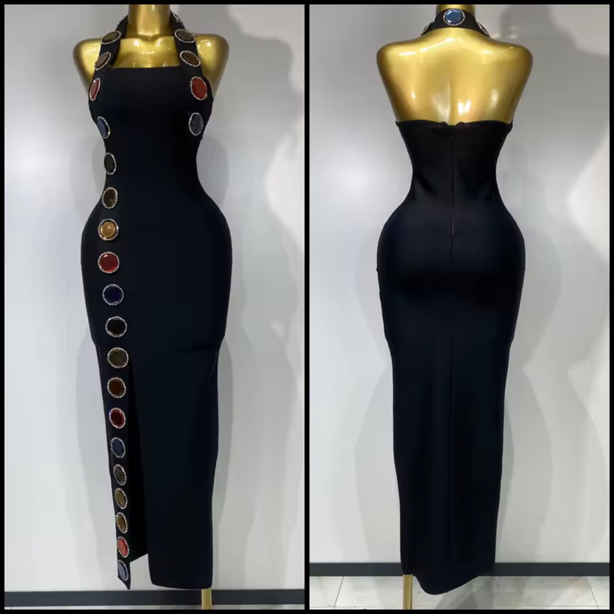 Women Black Halter Sleeveless Color Crystal Sexy Maxi Dress