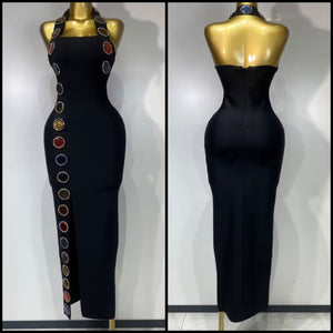 Women Black Halter Sleeveless Color Crystal Sexy Maxi Dress