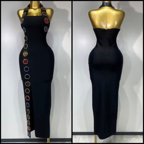 Women Black Halter Sleeveless Color Crystal Sexy Maxi Dress