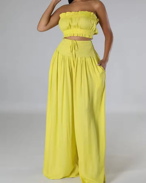 Women Ruffled Strapless Tube Top Two Piece Wide Leg Pant Set