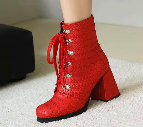 Women Fashion Lace Up Square Heel Ankle Boots