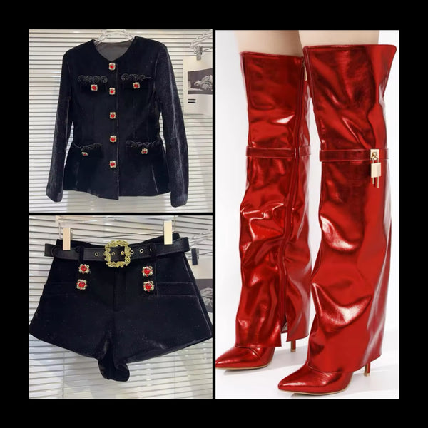 Women Fashion PU Leather Over The Knee Buckled Lock Boots