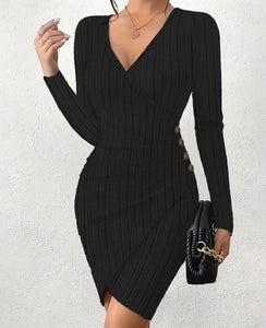 Women Sexy V-Neck Ribbed Button Full Sleeve Dress