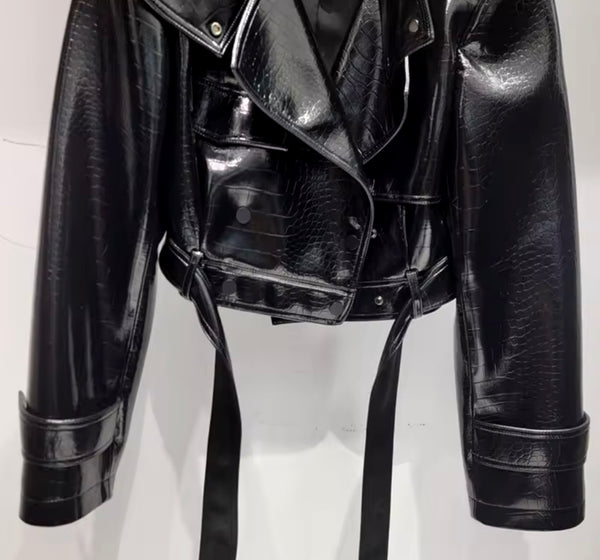 Women Fashion Black PU Leather Jacket Two Piece Maxi Skirt Set