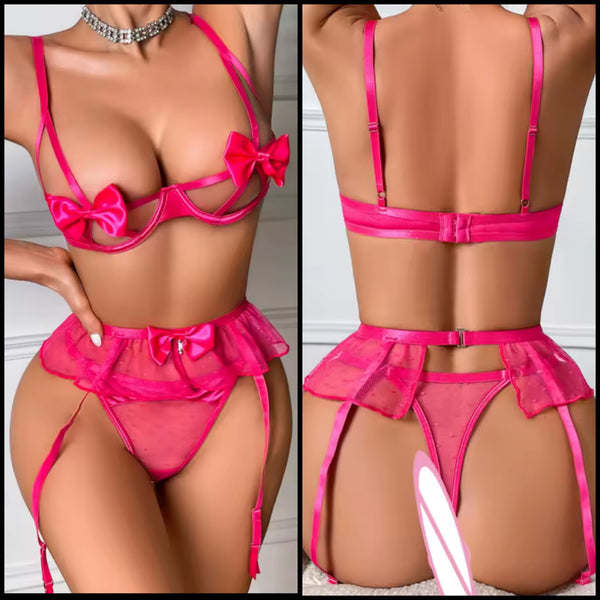 Women Sexy Pink Bow Cut Out Lingerie Set