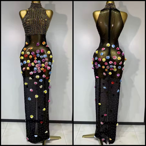 Women Sexy Sleeveless Bling Floral Mesh Maxi Dress