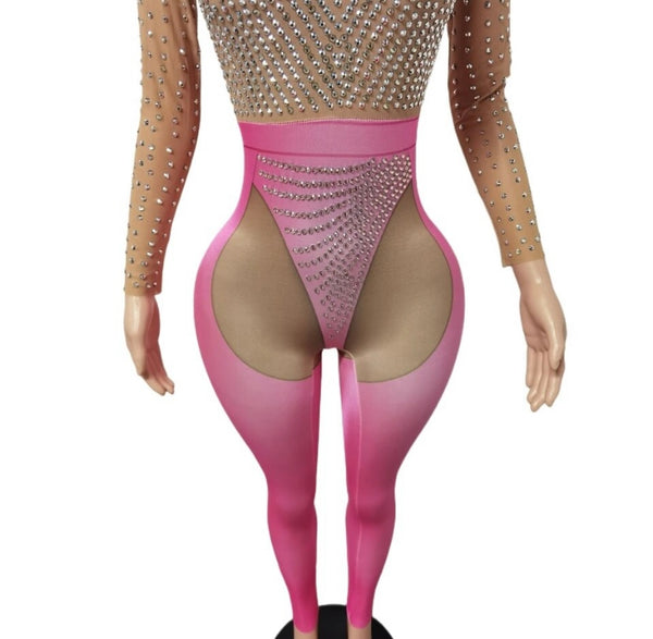 Women Sexy Pink Bling Mesh Full Sleeve Jumpsuit