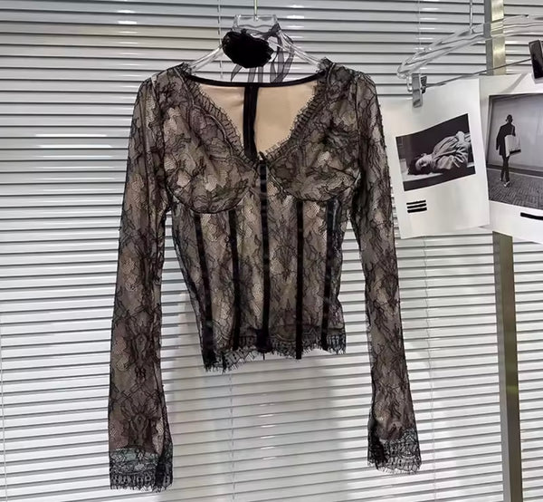 Women V-Neck Full Sleeve Lace Two Piece Button Short Set